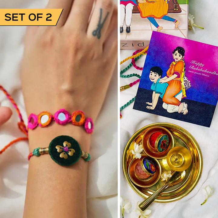 2 pc Rakhi + Brass Thali Set | Premium Phool Mirror Work Rakhi Set with Roli Chawal
