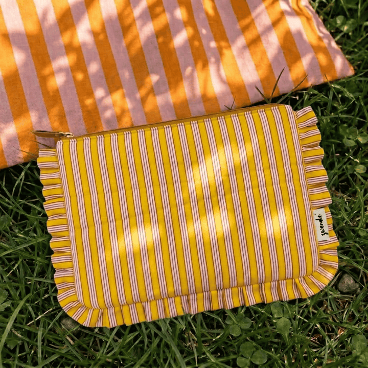"Lana" Compact Flat Pouch With Ruffled Edges For Women | Thin Stripes