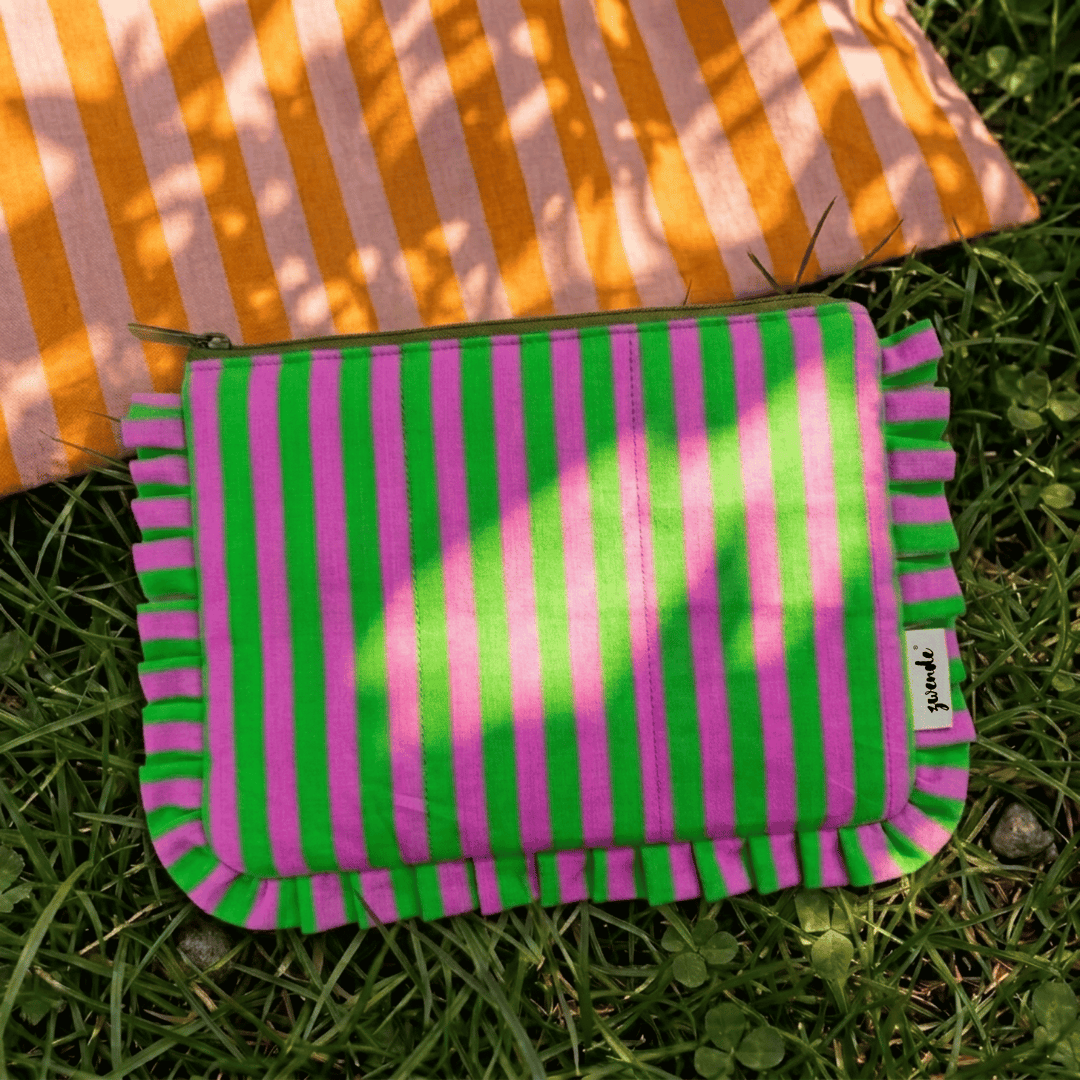 "Lana" Compact Flat Pouch With Ruffled Edges For Women | Thin Stripes