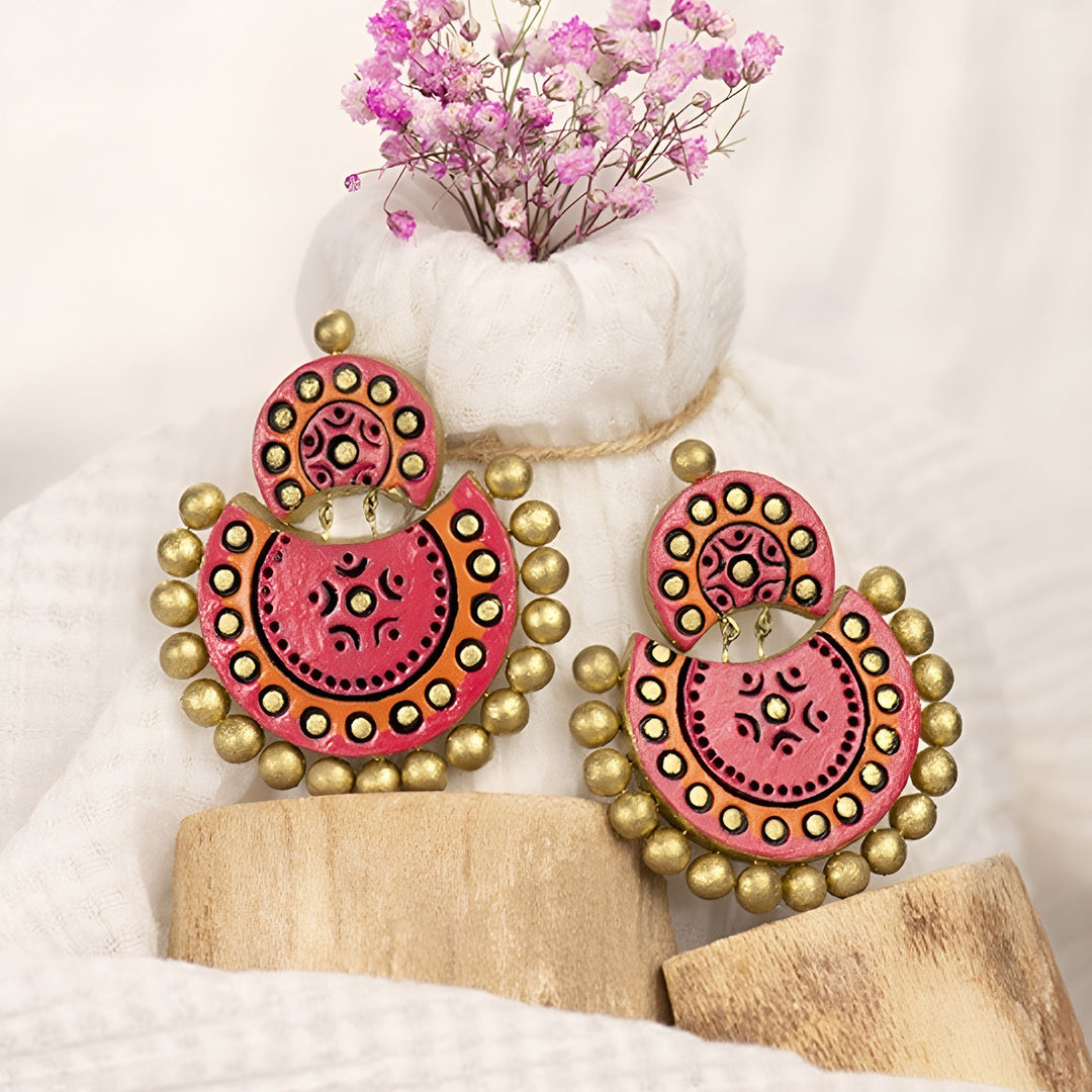 Handmade Polka Pink Chandbali Terracotta Earrings