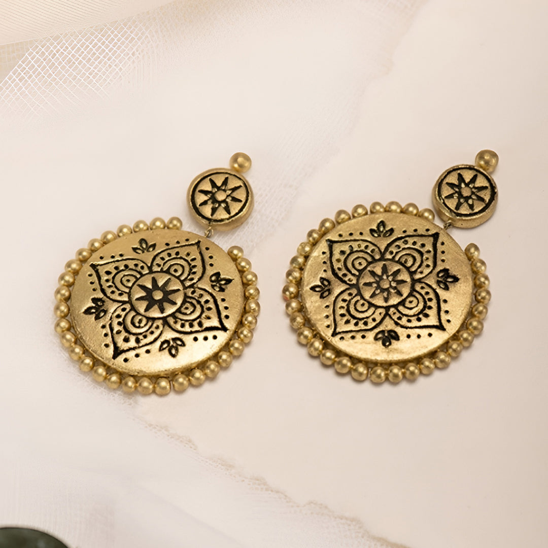 Handmade Golden Halo Chandbali Terracotta Earrings