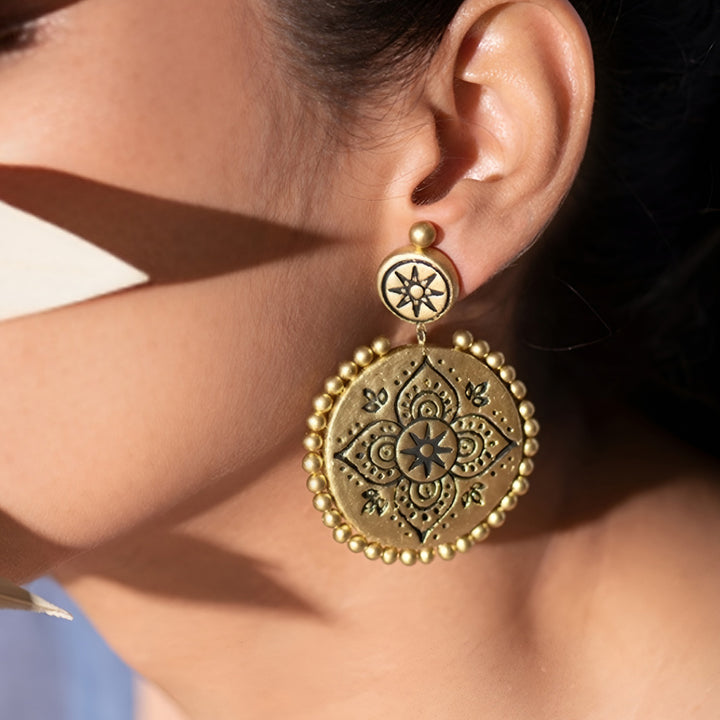 Handmade Golden Halo Chandbali Terracotta Earrings