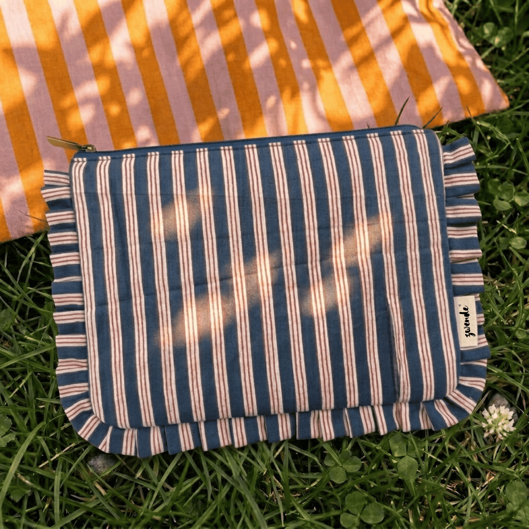 "Lana" Compact Flat Pouch With Ruffled Edges For Women | Thin Stripes