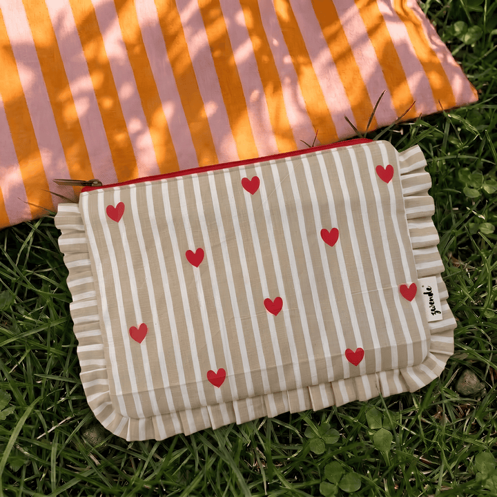 "Lana" Compact Flat Pouch With Ruffled Edges For Women | Thin Stripes
