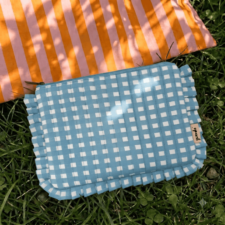 "Lana" Compact Flat Pouch With Ruffled Edges For Women | Checks