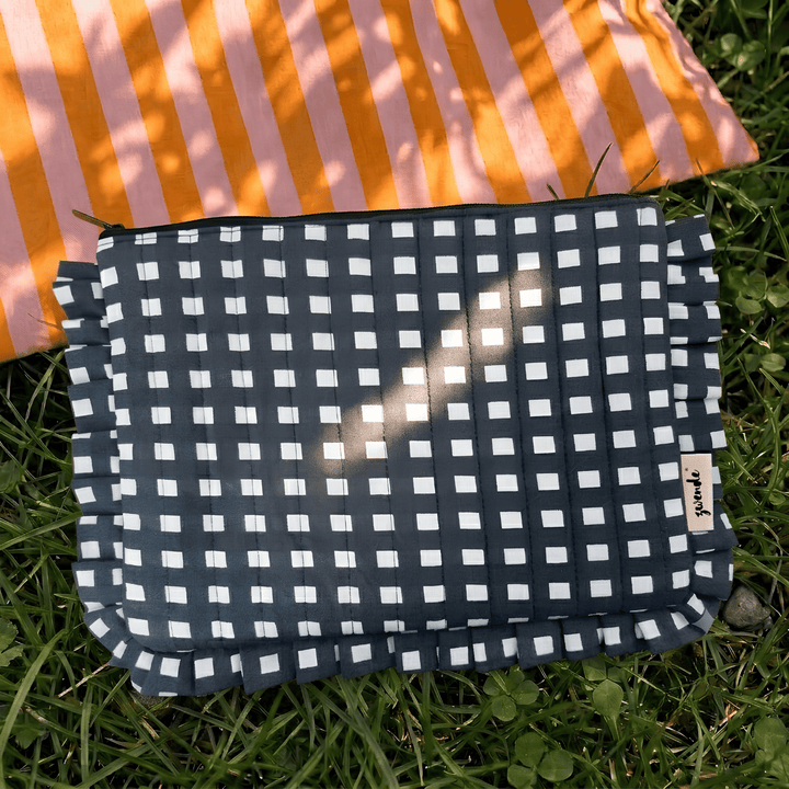 "Lana" Compact Flat Pouch With Ruffled Edges For Women | Checks