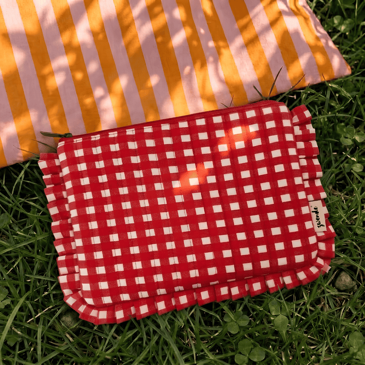 "Lana" Compact Flat Pouch With Ruffled Edges For Women | Checks