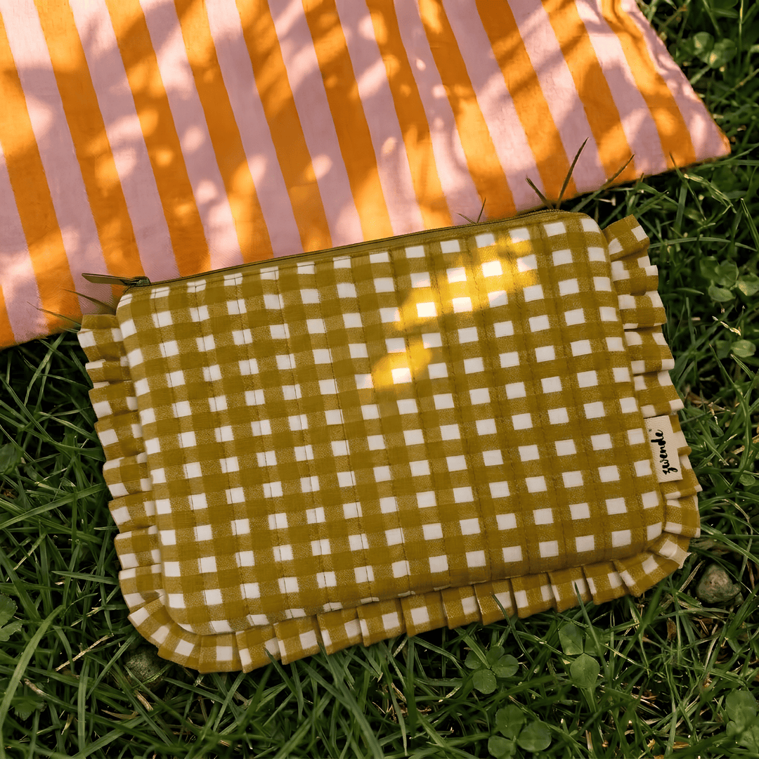 "Lana" Compact Flat Pouch With Ruffled Edges For Women | Checks