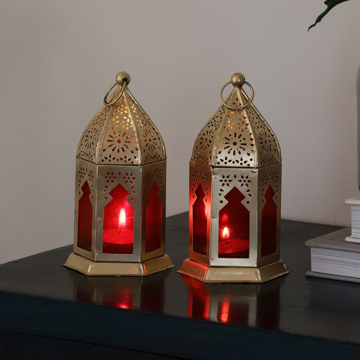 Handmade Red & Gold Morrocan Iron Lantern Tealight Holder | Set Of 2