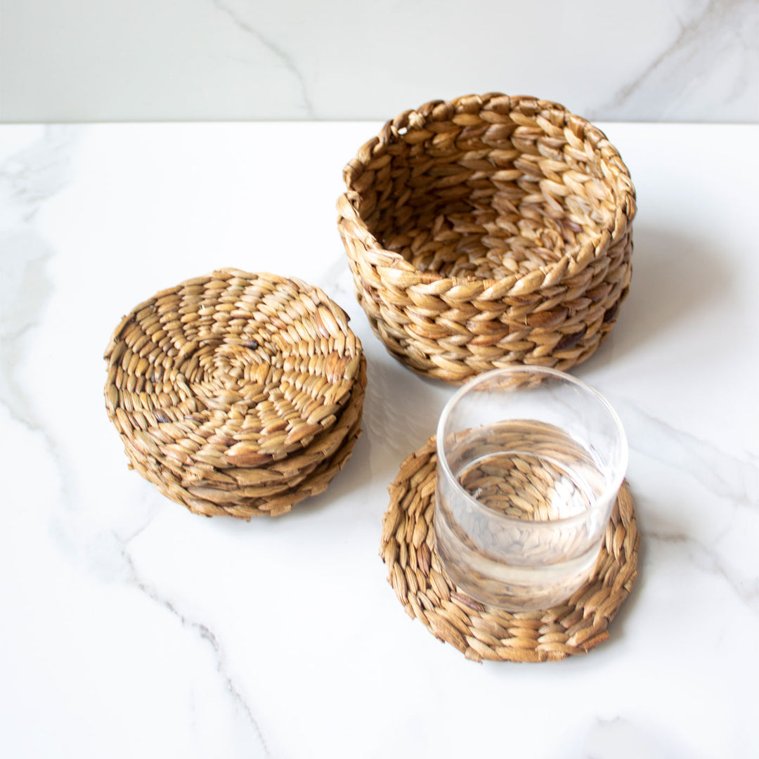 Handcrafted Water Hyacinth Coasters With Holder- Set of 6