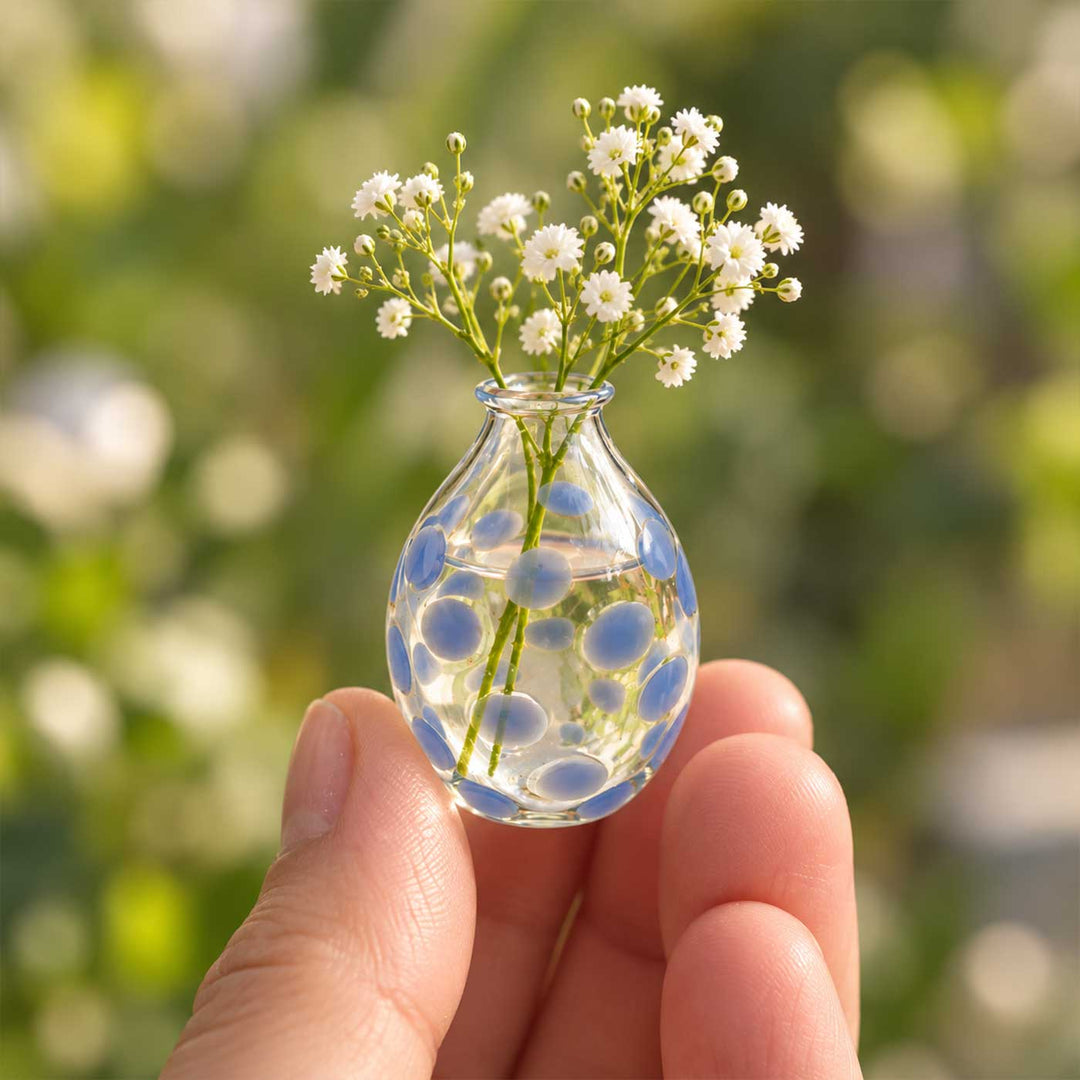 Handmade Clear Blue Polka Dot Small Glass Art Vase For Home Decor