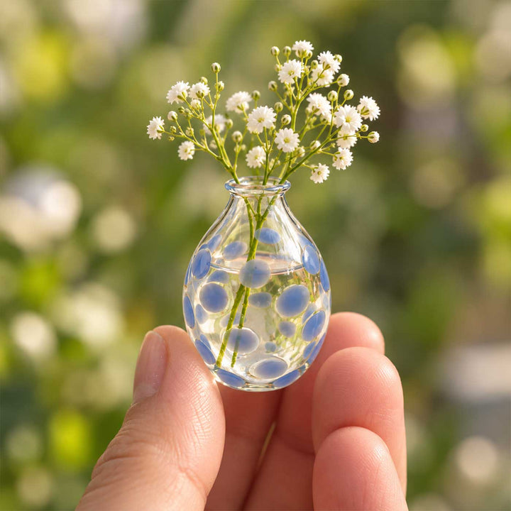 Handmade Clear Blue Polka Dot Small Glass Art Vase For Home Decor