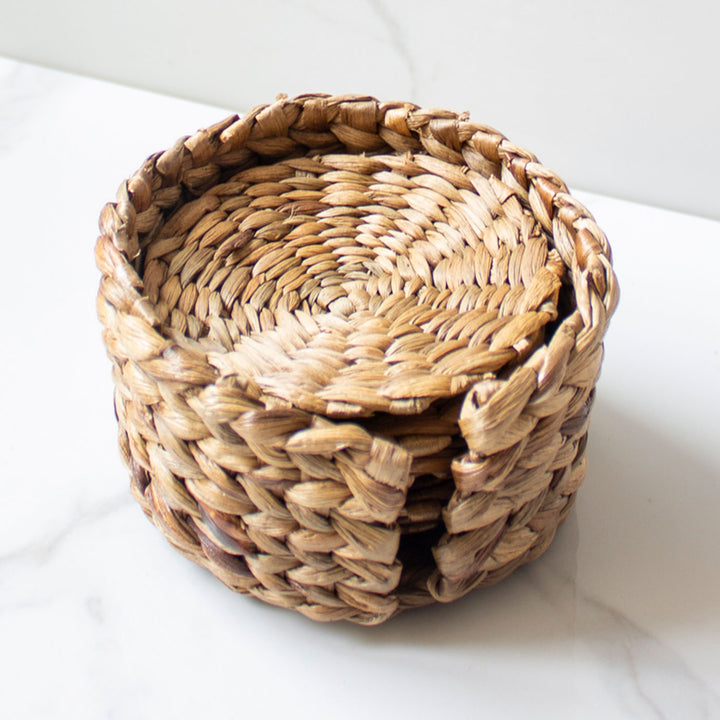Handcrafted Water Hyacinth Coasters With Holder- Set of 6