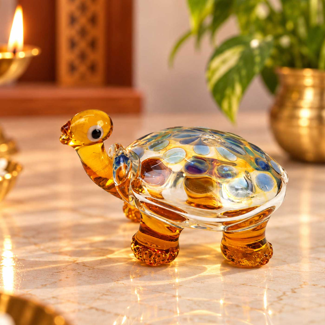 Handmade Blown Glass Amber Speckled Turtle Miniature Figurine For Decor