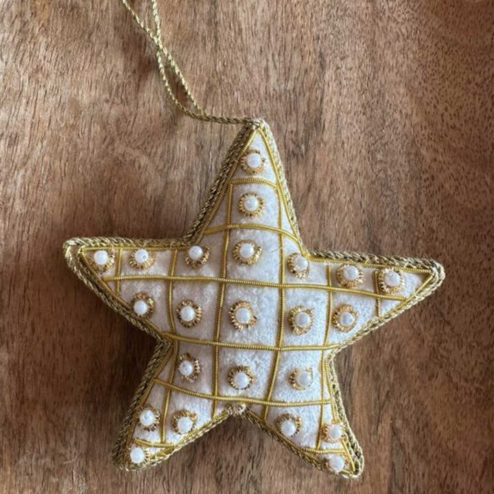 White And Gold Pearl Star Cotton Premium Zardozi Ornament