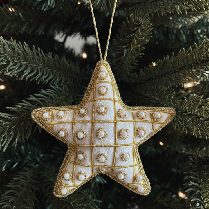 White And Gold Pearl Star Cotton Premium Zardozi Ornament