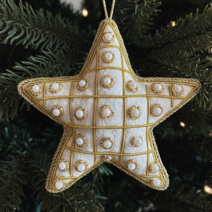 White And Gold Pearl Star Cotton Premium Zardozi Ornament