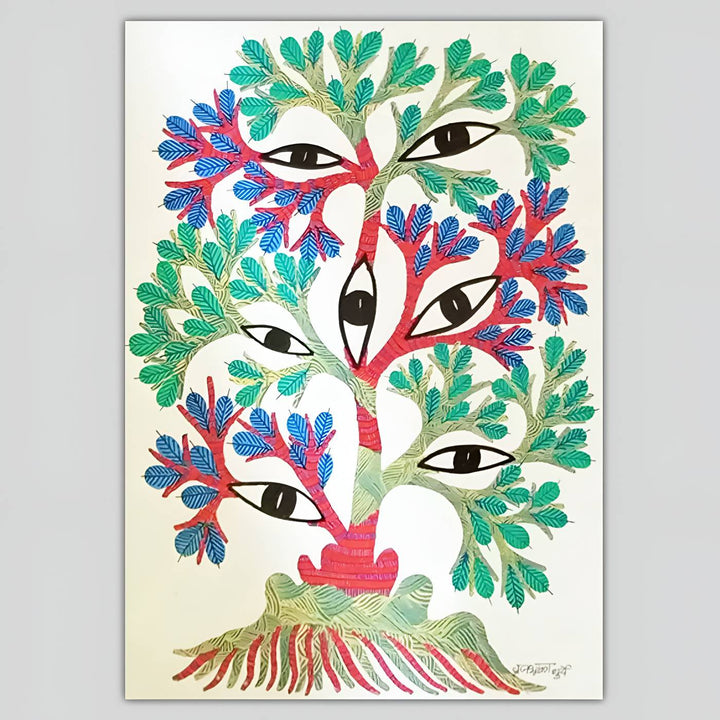 16 x 23 Inch | Eyes & Tree | Original Hand Painted Tribal Gond Art Painting | Acrylic Paint On Paper