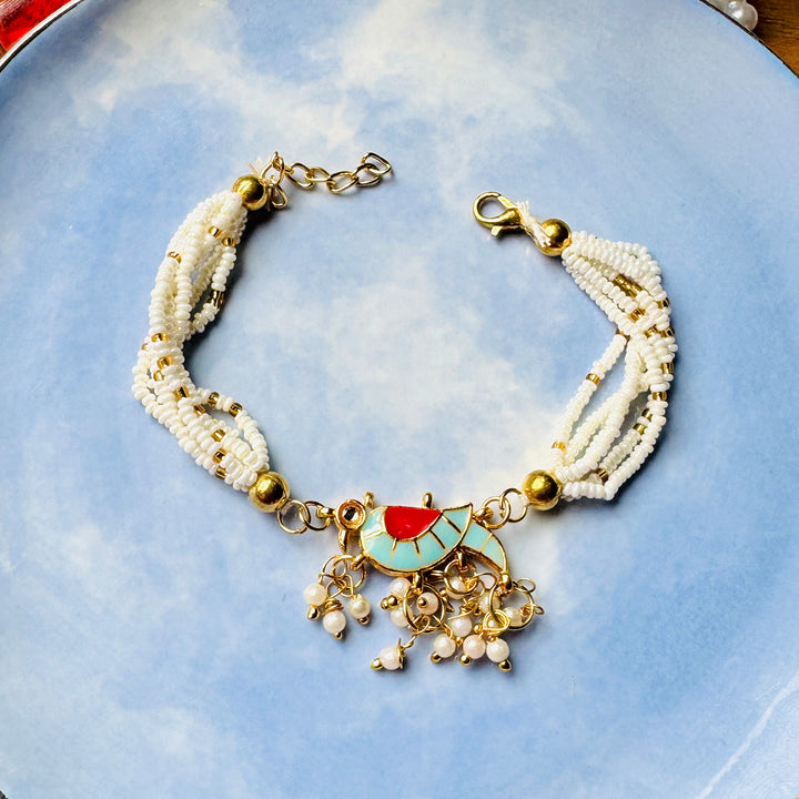 Handmade Bird Charm Pearl Bracelet Rakhi With Roli Chawal For Sister