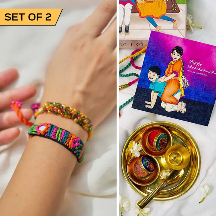 2 pc Rakhi + Brass Thali Set | Premium Rabari Embroidered & Beaded Rakhi Set with Roli Chawal