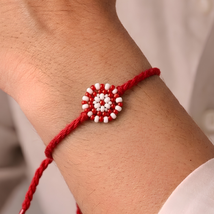 Hand Beaded Chaand Rakhi - Red