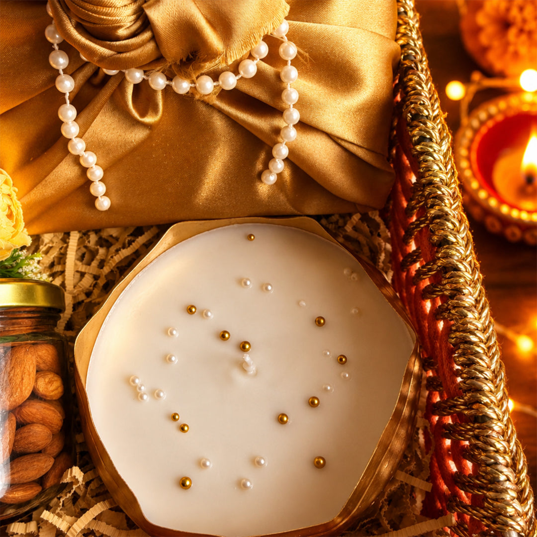 Rang Utsav Grand Orange Basket Diwali Gift Hamper With Toran Potli, German Silver Shubh Labh And Almonds For Festive Gifting