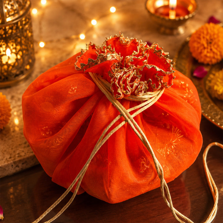 Rang Utsav Grand Orange Basket Diwali Gift Hamper With Toran Potli, German Silver Shubh Labh And Almonds For Festive Gifting