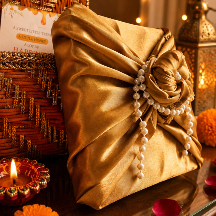 Rang Utsav Grand Orange Basket Diwali Gift Hamper With Toran Potli, German Silver Shubh Labh And Almonds For Festive Gifting