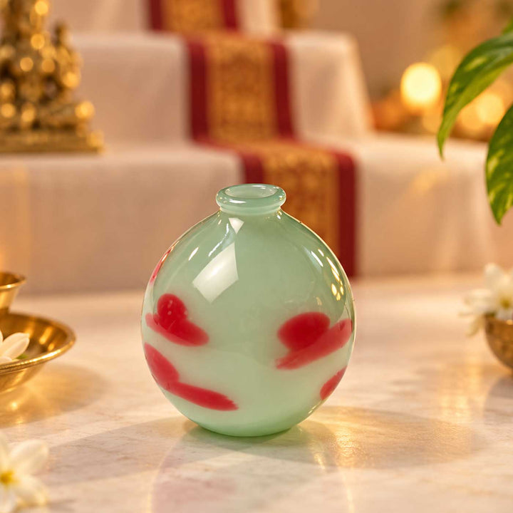 Handmade Mint & Red Accent Small Glass Art Vase For Home Decor