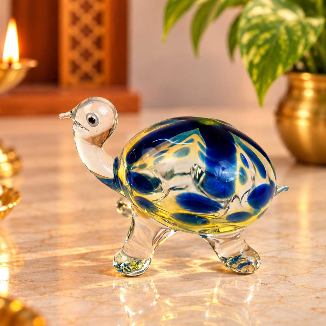 Handmade Blown Glass Clear & Blue Shell Turtle Miniature Figurine For Decor
