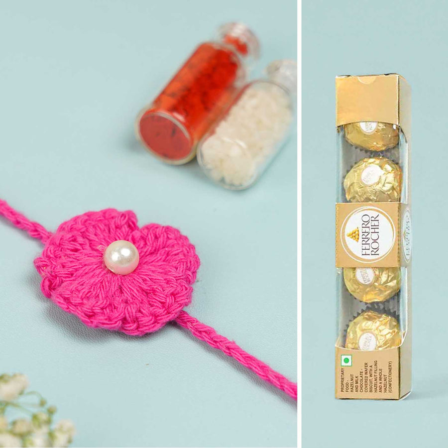 Handmade Crochet Scarlet Knot Rakhi With Roli Chawal For Brother - Flat Lay with Decorative Items
