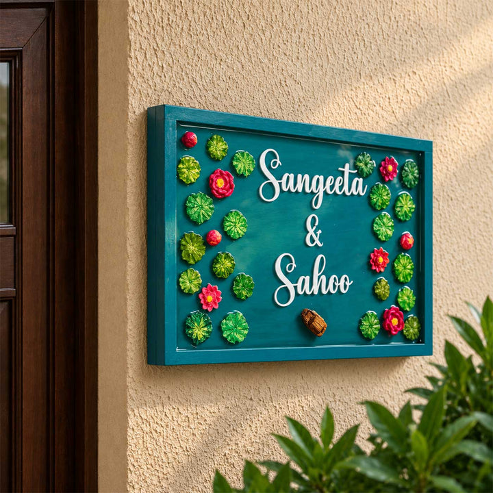 Lily Pond "Majestic" 3D Personalized Resin & Teak Wood Name Plate With Acrylic Letters For Home