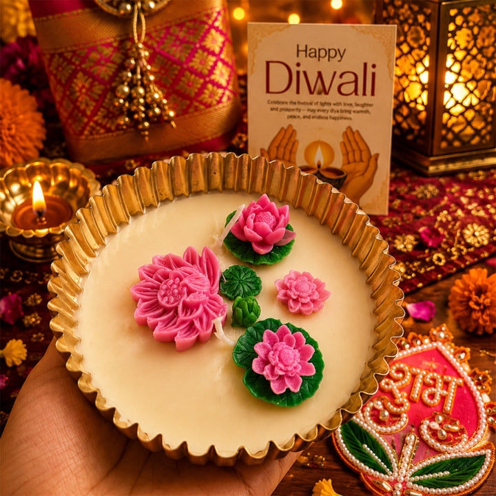 Shubh Labh Pink Celebration Diwali Gift Hamper With Urli Soy Wax Candle And Almond Potli For Festive Gifting