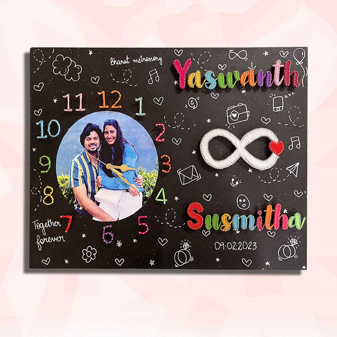 Photo Personalized String Art Clock For Couple Wooden Name Plate