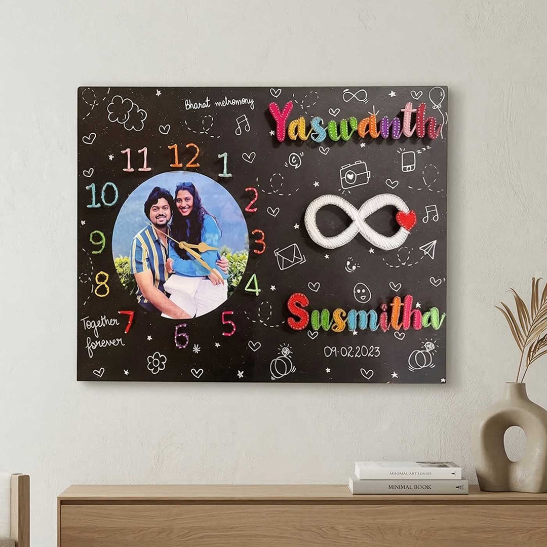 Photo Personalized String Art Clock For Couple Wooden Name Plate