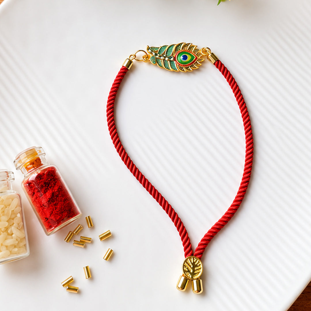 Handmade Mor Pankh Metal & Thread Charm Bracelet Rakhi With Roli Chawal For Brother
