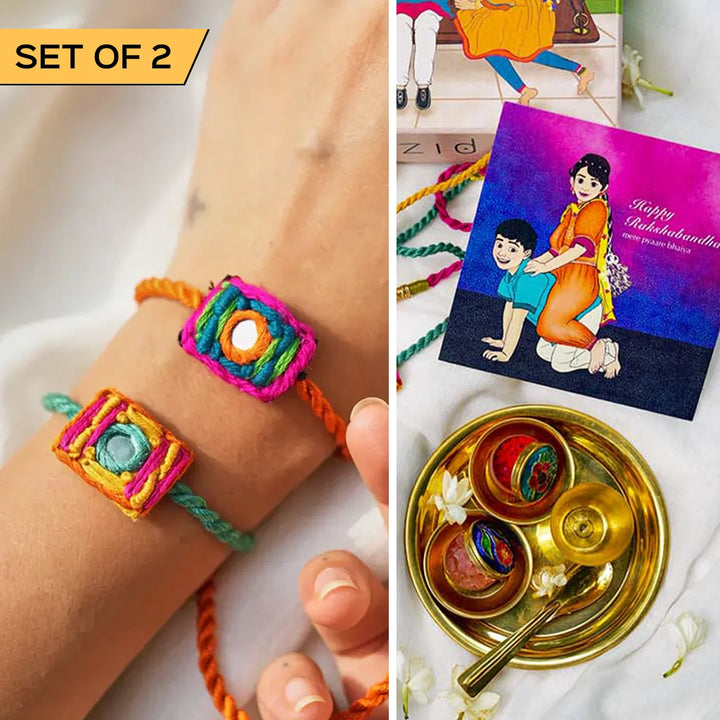 2 pc Rakhi + Brass Thali Set | Premium Aaina Embroidered Mirror Work Rakhi Set with Roli Chawal