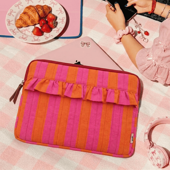 "Elenor" Ruffled Laptop Sleeve With Cushioned Padding For Women | Broad Stripes