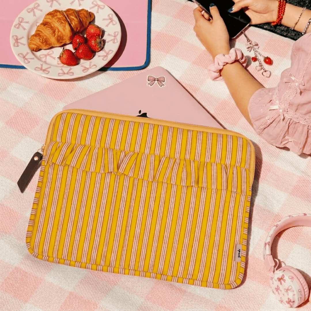 "Elenor" Ruffled Laptop Sleeve With Cushioned Padding For Women | Thin Stripes