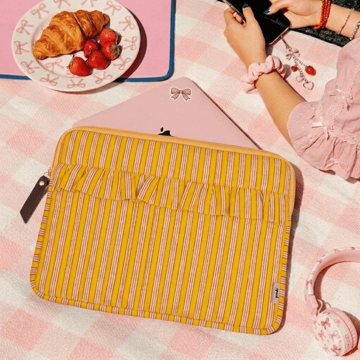"Elenor" Ruffled Laptop Sleeve With Cushioned Padding For Women | Thin Stripes