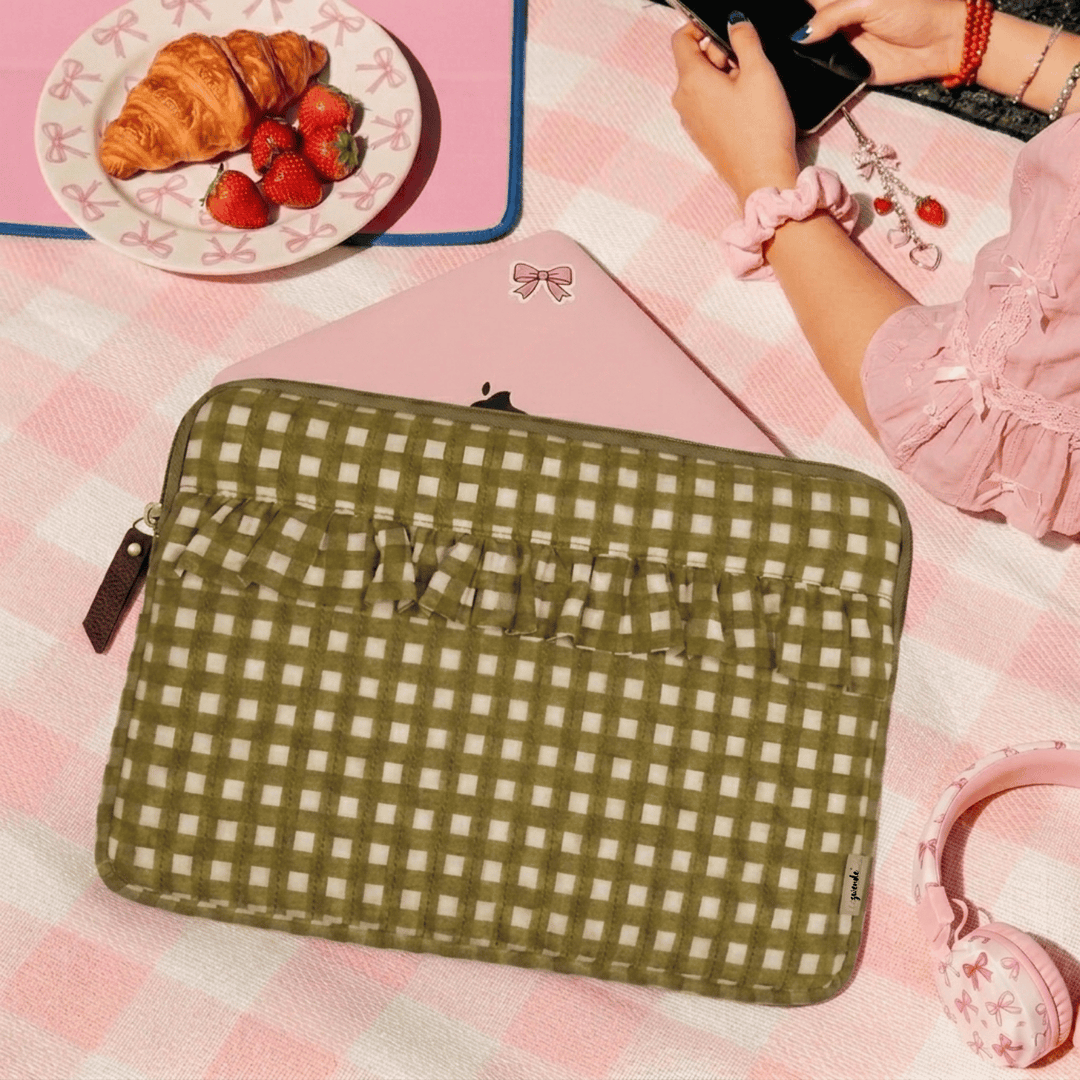 "Elenor" Ruffled Laptop Sleeve With Cushioned Padding For Women | Checks