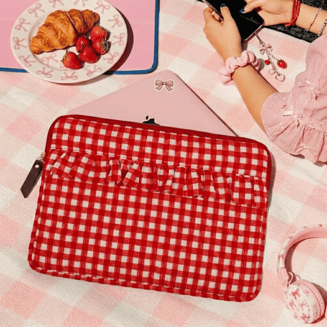 "Elenor" Ruffled Laptop Sleeve With Cushioned Padding For Women | Checks