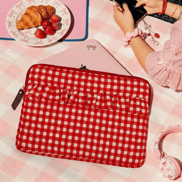 "Elenor" Ruffled Laptop Sleeve With Cushioned Padding For Women | Checks