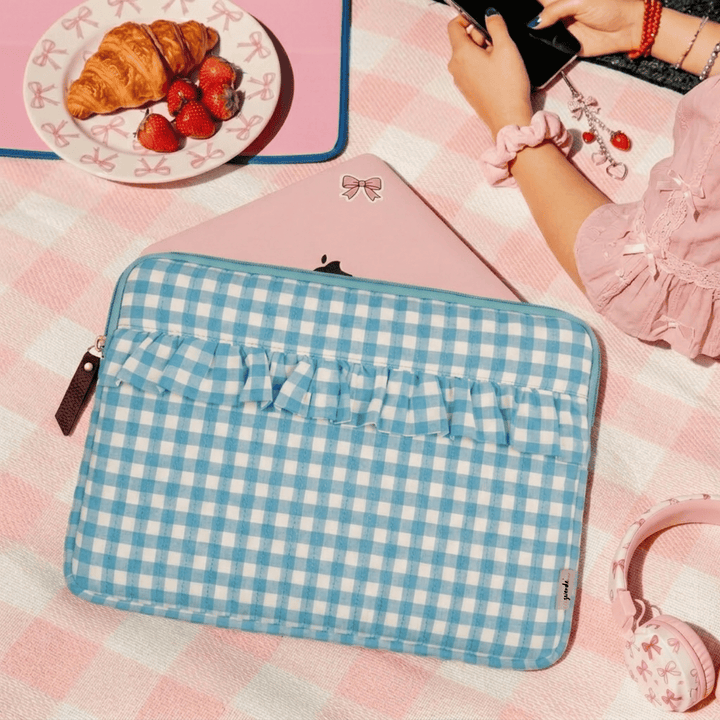 "Elenor" Ruffled Laptop Sleeve With Cushioned Padding For Women | Checks