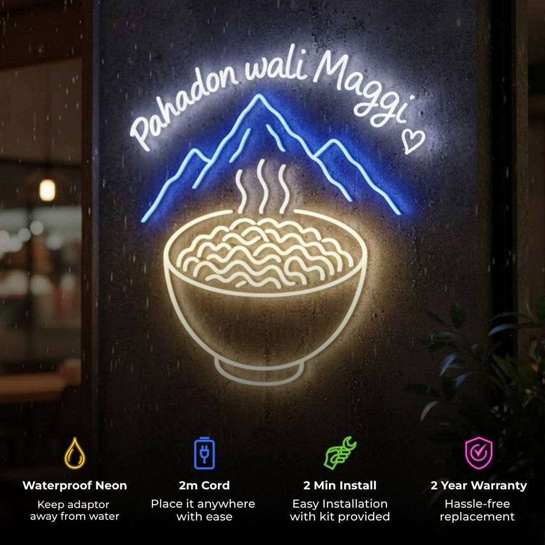Handmade "Pahadon Wali Maggi" Neon Light Sign Board for Cafe Wall Decor