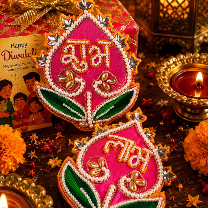 Shubh Labh Pink Celebration Diwali Gift Hamper With Urli Soy Wax Candle And Almond Potli For Festive Gifting