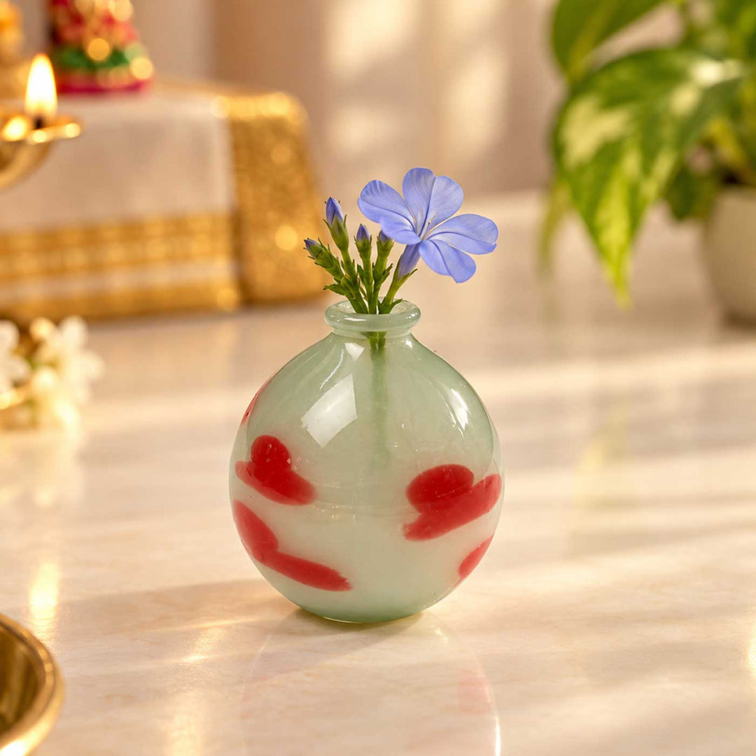 Handmade Mint & Red Accent Small Glass Art Vase For Home Decor