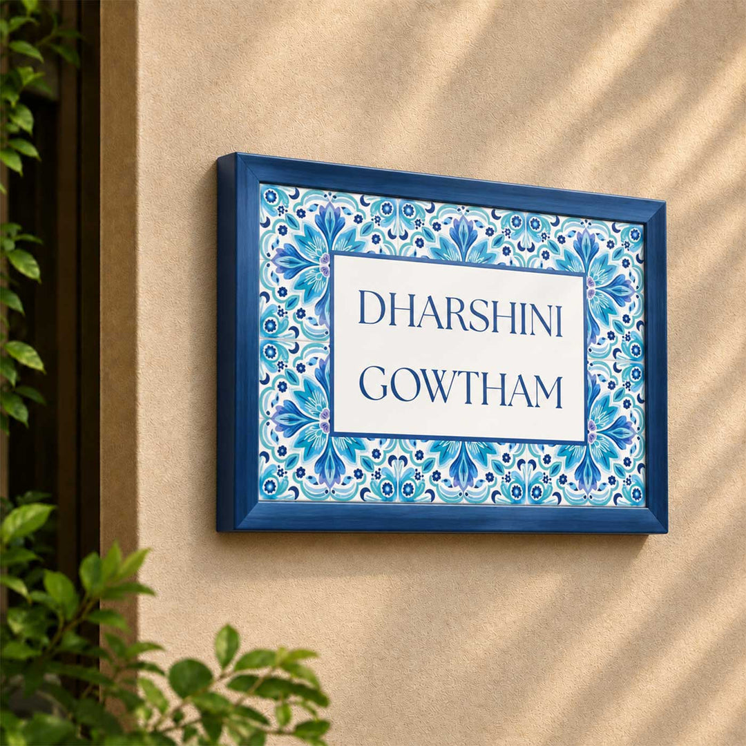 Floral Blue Vintage Design Personalized Resin & Teak Wood Frame Name Plate For Home