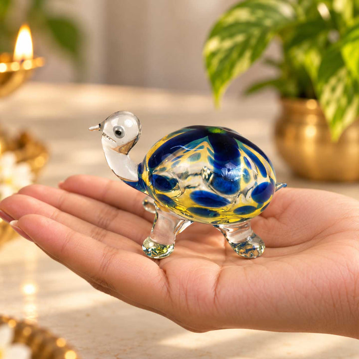 Handmade Blown Glass Clear & Blue Shell Turtle Miniature Figurine For Decor
