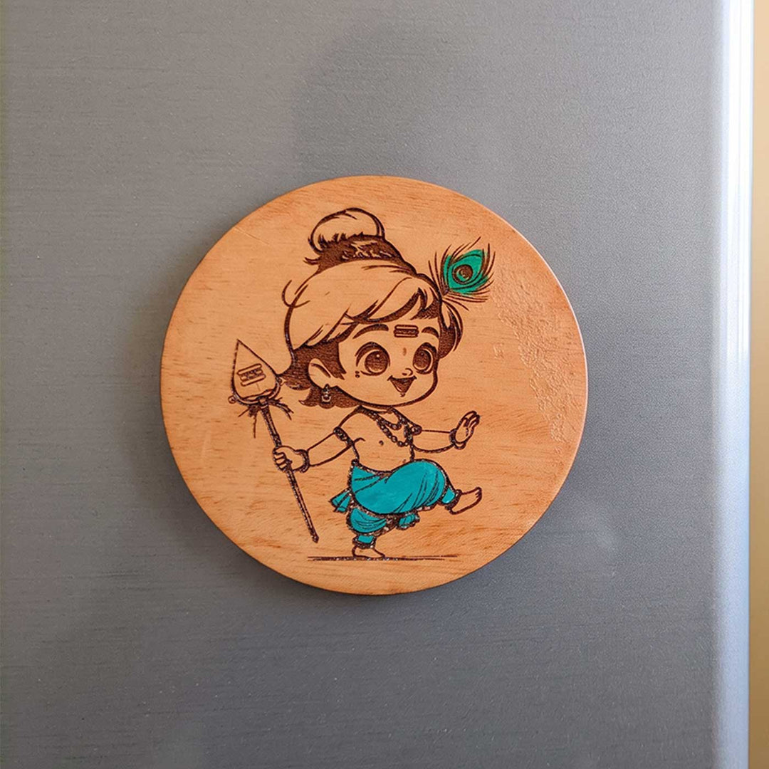 Engraved & Hand-Painted Bal Krishna Mahogany Wood Fridge Magnet